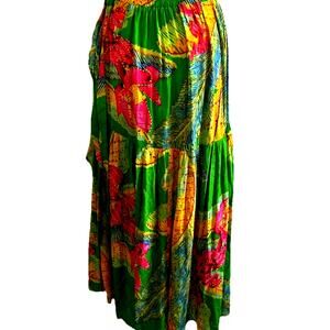HAWAIIAN WRAP TIERED MAXI SKIRT M RESORT GREEEN LONG FLOWY Ruffles Fairy Beach